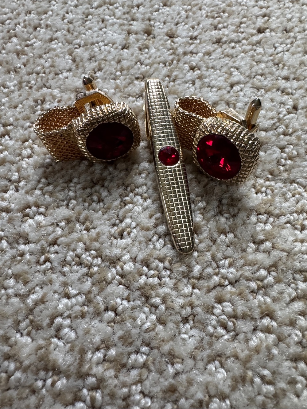 Gold Tie Bar and Cufflink Set with Red Gem Accents